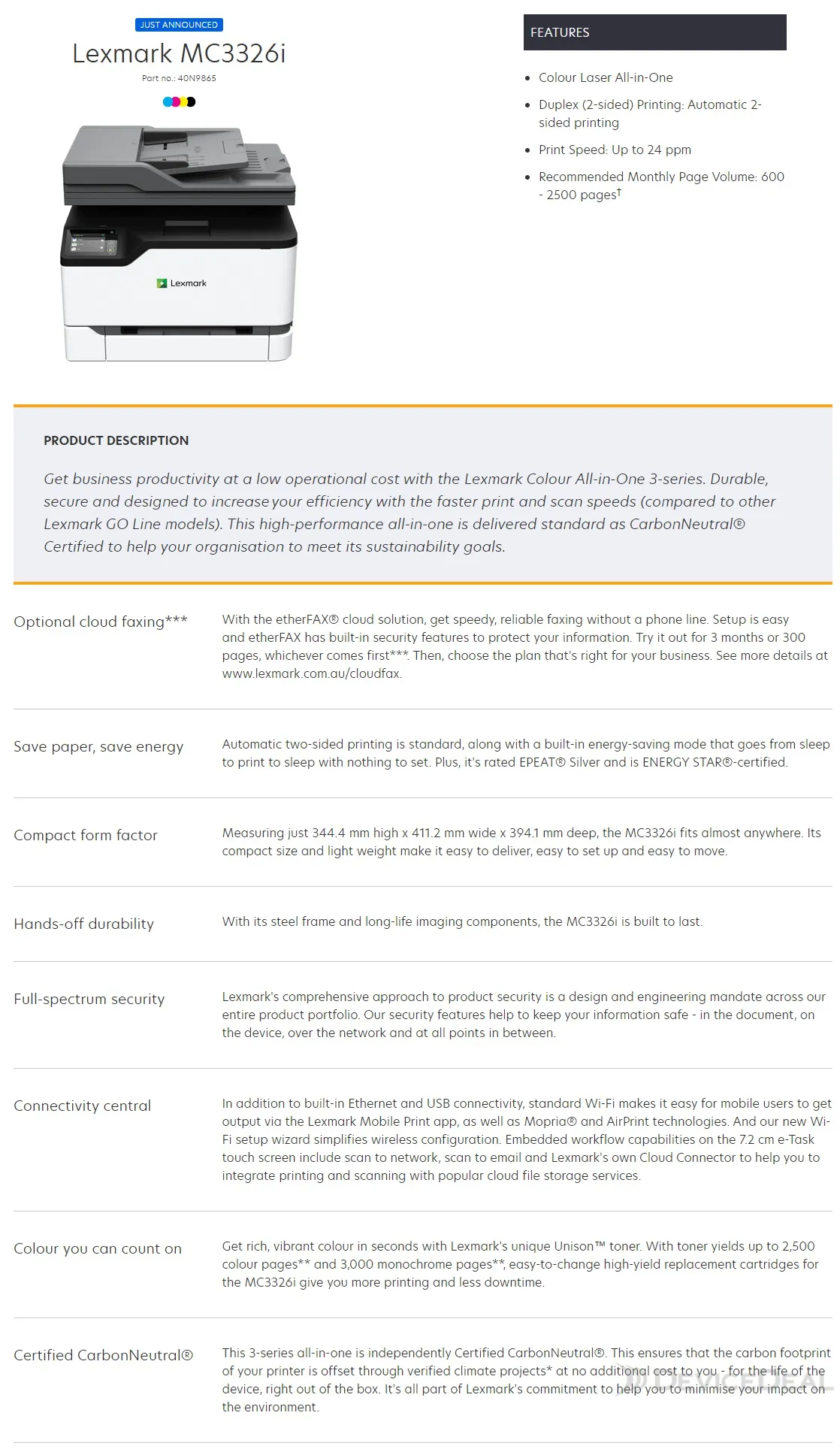 Lexmark MC3326i imprimante laser couleur multifonction