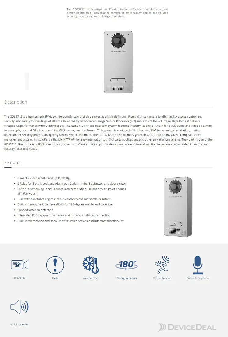 Grandstream GDS3712 Video Door Intercom, no keypad | DeviceDeal