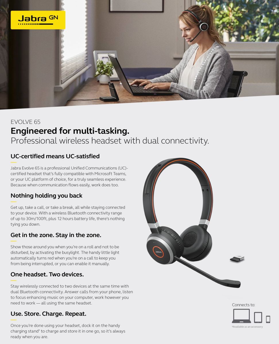 Jabra popular Evolve 75 GN Wireless Headset Dual Bluetooth Connectivity