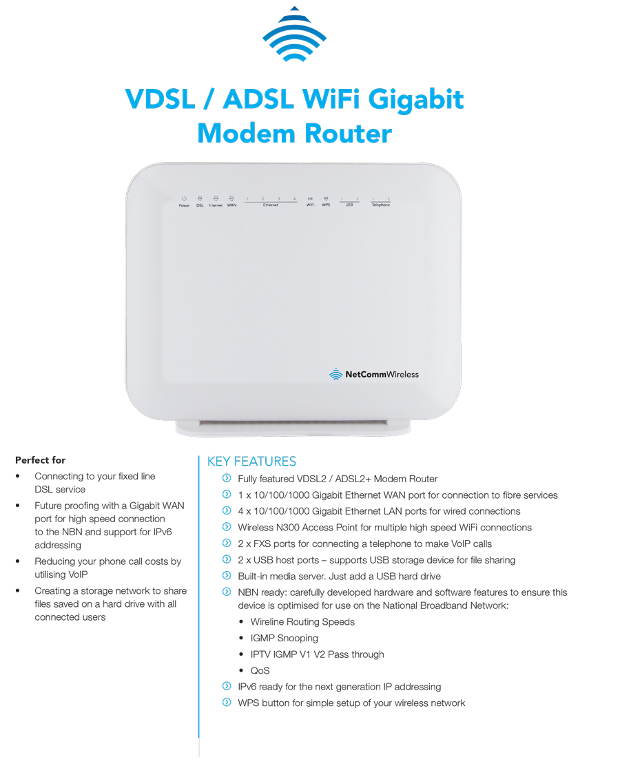 NETCOMM NF4V VDSL ADSL VOIP WiFi Gigabit Modem Router with 2 port FXS ...