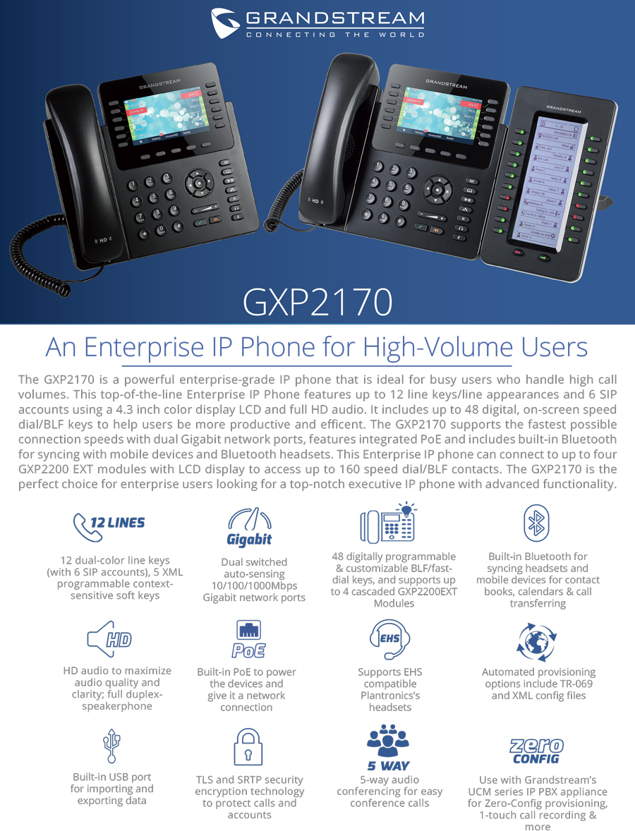 Grandstream GXP2170 12 lines HD PoE IP Phone HD PoE IP Phone 480x272 Colour  LCD, 12 lines, Dual GbE
