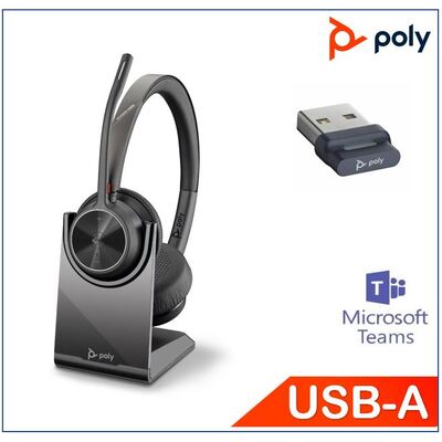 Poly Voyager 4320 Stereo Teams & UC with Charge Stand, 218476-02,77Z00AA, Bluetooth USB-A Dungle, Noise canceling boom, Acoustice Fence